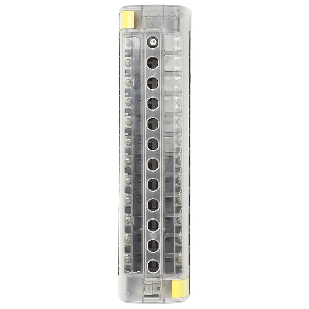 Blue Sea Systems Blue Sea 5051 ST CLB circuit breaker block with 12 positions, mounted on a panel for electrical distribution.