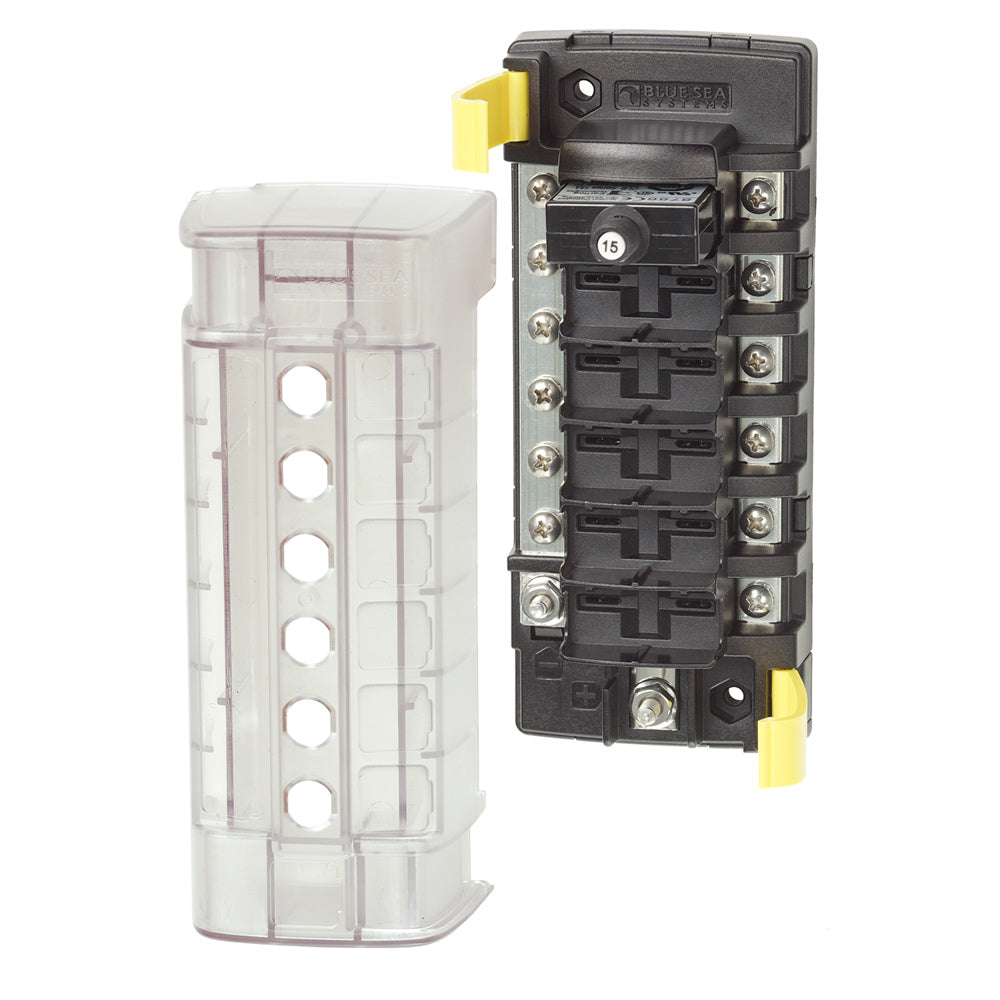 Blue Sea Systems 5052 ST CLB circuit breaker block with six positions and negative bus for electrical panel wiring.