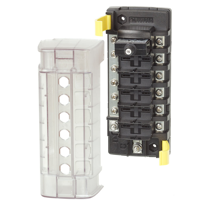 Blue Sea Systems 5052 ST CLB circuit breaker block with six positions and negative bus for electrical panel wiring.