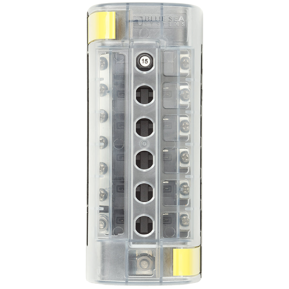 Blue Sea Systems 5052 ST CLB circuit breaker block with 6 positions and negative bus for electrical panel wiring.