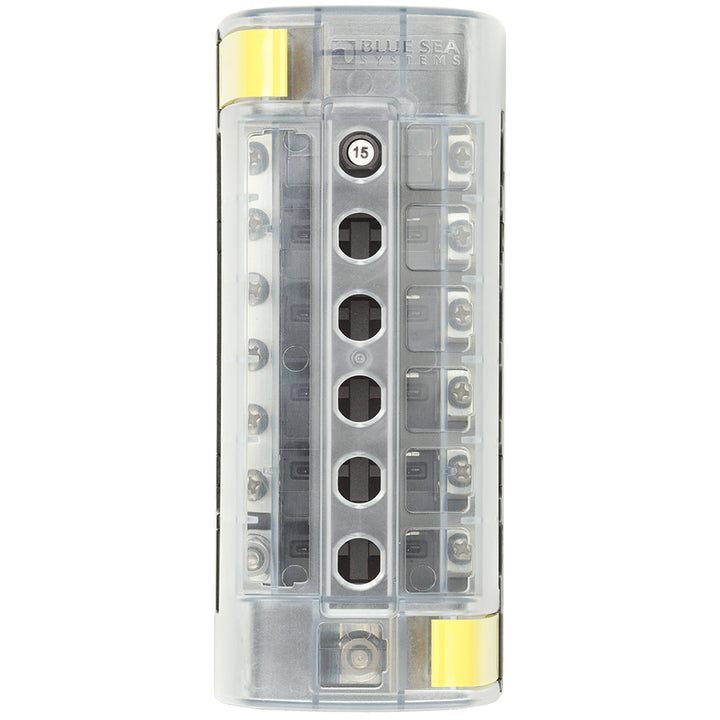 Blue Sea Systems 5052 ST CLB circuit breaker block with 6 positions and negative bus for electrical panel wiring.