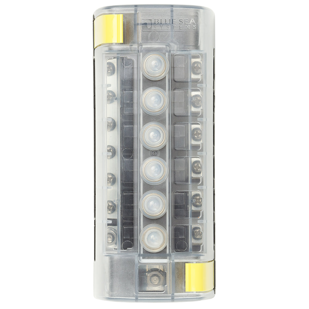 Blue Sea Systems 5052 ST CLB circuit breaker block with 6 positions and negative bus for electrical panel wiring.