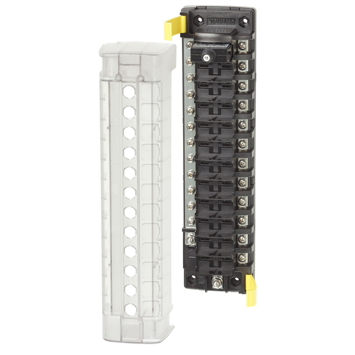 Blue Sea Systems 5054 ST CLB circuit breaker block with 12 positions and negative bus for electrical circuit protection.