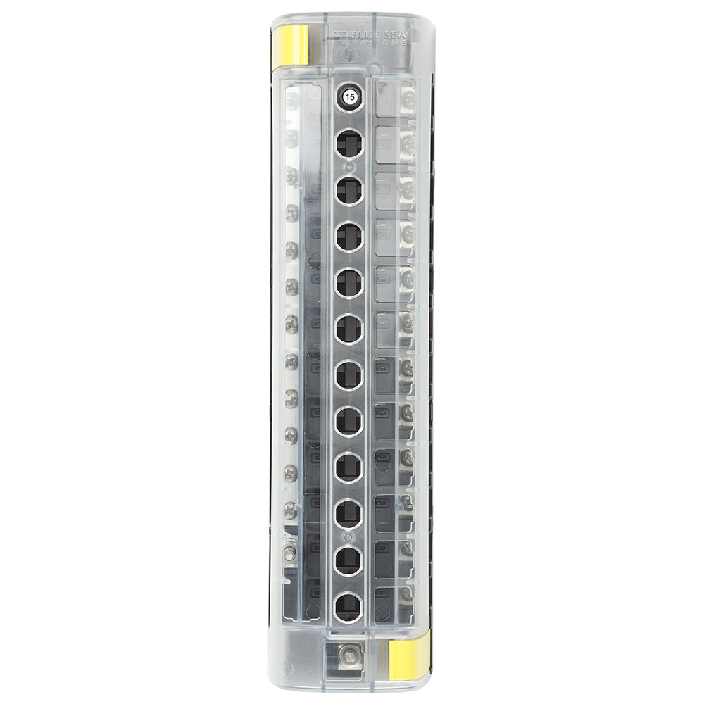 Blue Sea Systems 5054 ST CLB circuit breaker block with 12 positions and negative bus, mounted on a panel.