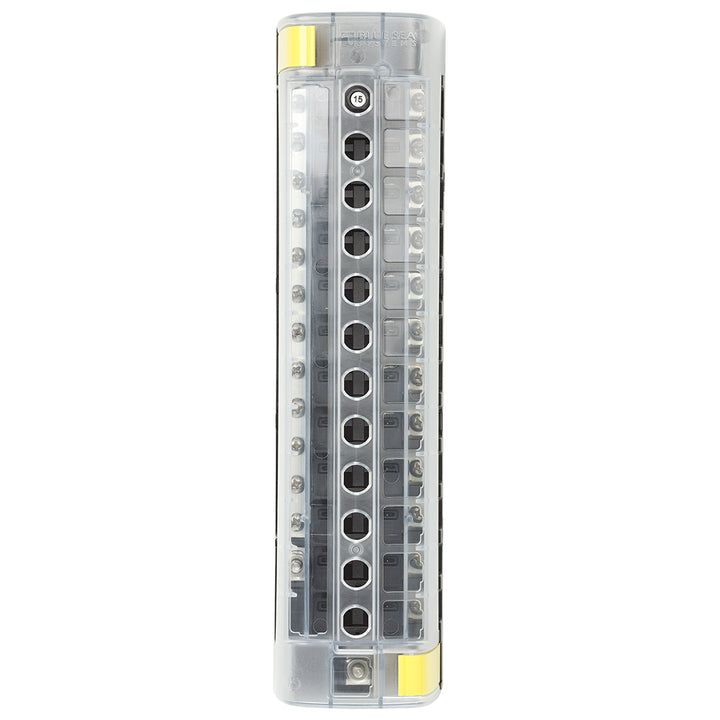 Blue Sea Systems 5054 ST CLB circuit breaker block with 12 positions and negative bus, mounted on a panel.