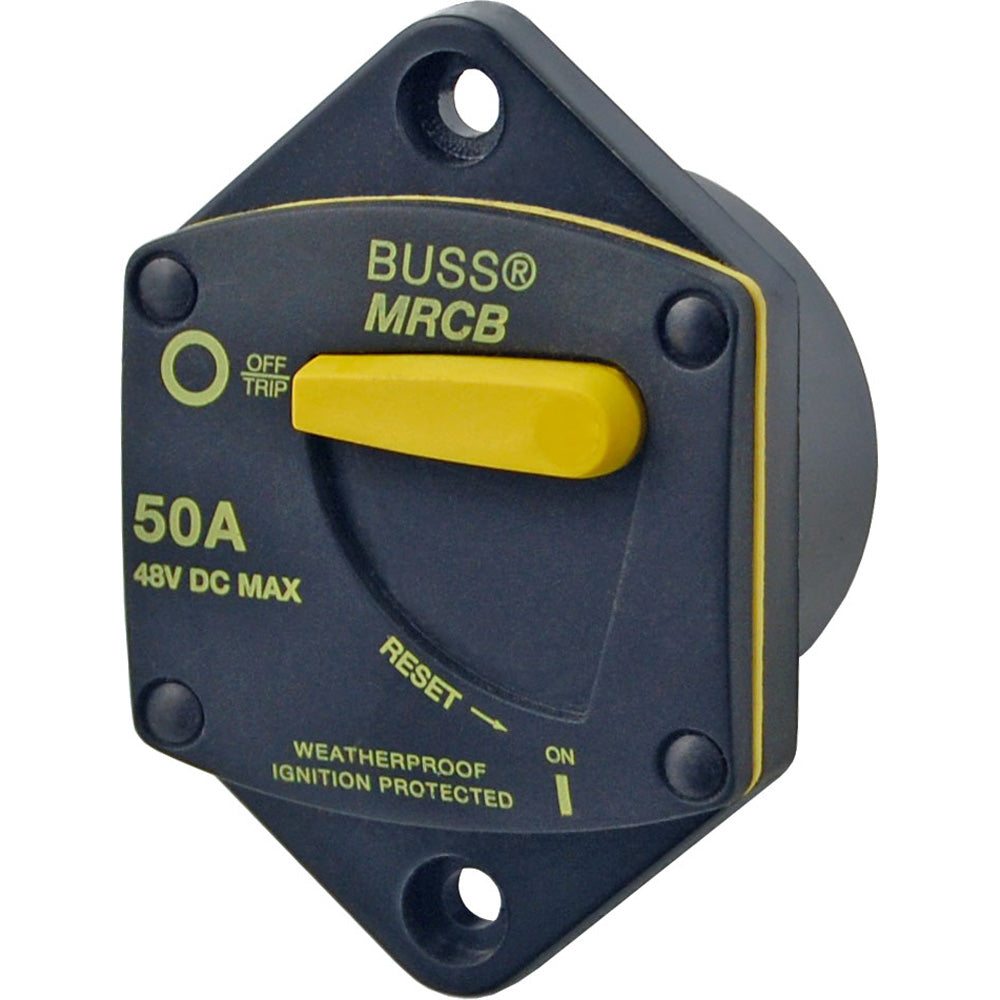 Blue Sea Systems 7042 187-Series panel mount circuit breaker in blue, rated 80A, with switch and electrical connections visible.