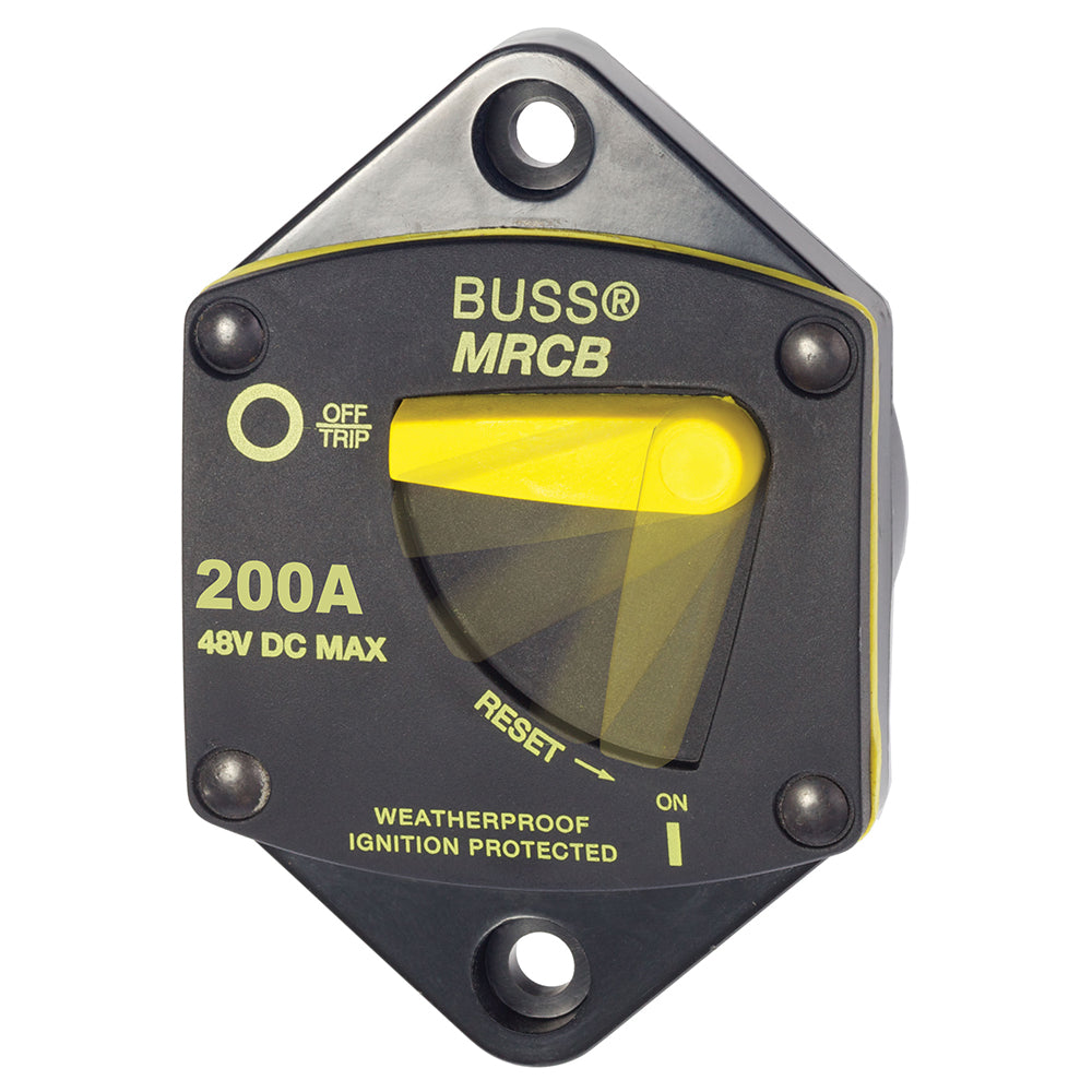 Blue Sea Systems 7049 200 Amp Panel Mount Circuit Breaker from the 187 Series, shown mounted in a panel.