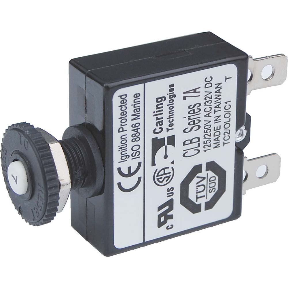 Blue Sea Systems 7053 7A push button thermal circuit breaker with quick connect terminals for electrical safety and circuit protection.