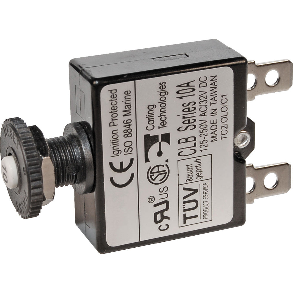 Blue Sea 7054 10A push button thermal circuit breaker with quick connect terminals, used for electrical protection.