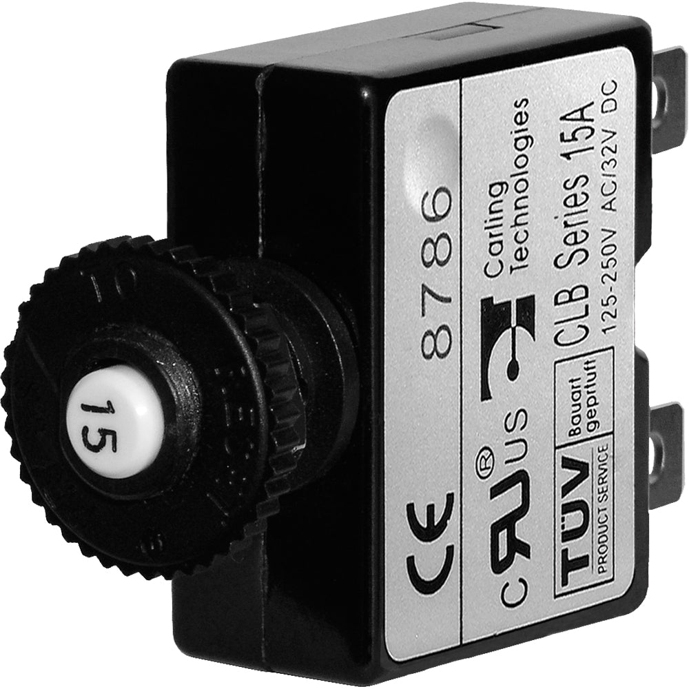 Blue Sea 7056 15A push button thermal circuit breaker with quick connect terminals from Blue Sea Systems, shown in the image.