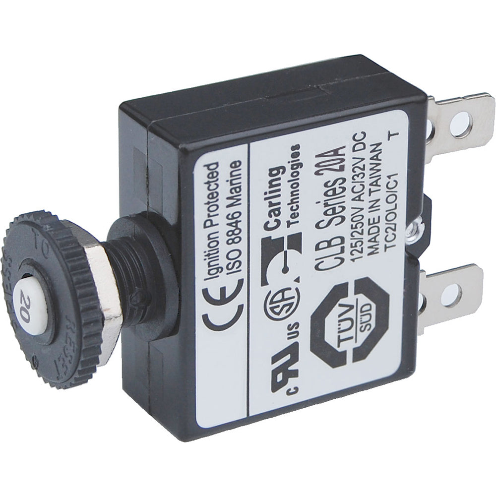 Blue Sea Systems 7057 20A push button thermal circuit breaker with quick connect terminals for marine and automotive applications.