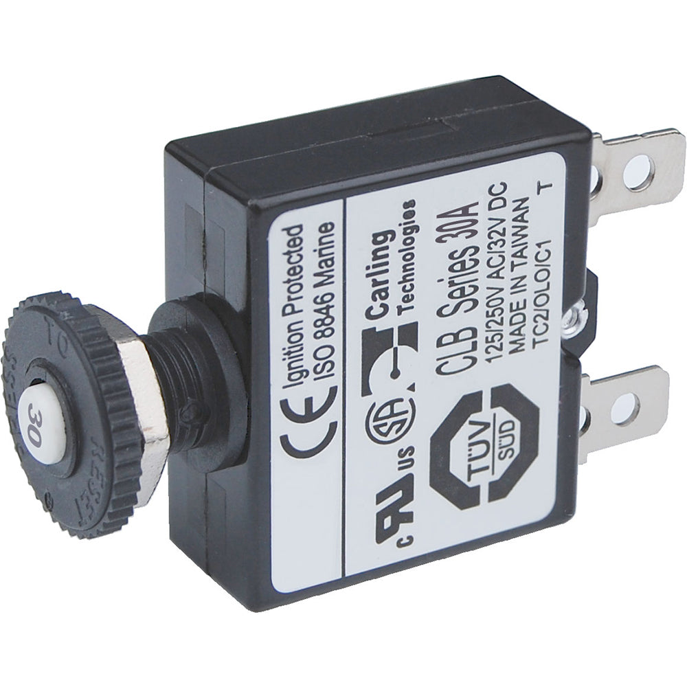 Blue Sea Systems 7059 30A push button thermal circuit breaker with quick connect terminals for reliable electrical protection.