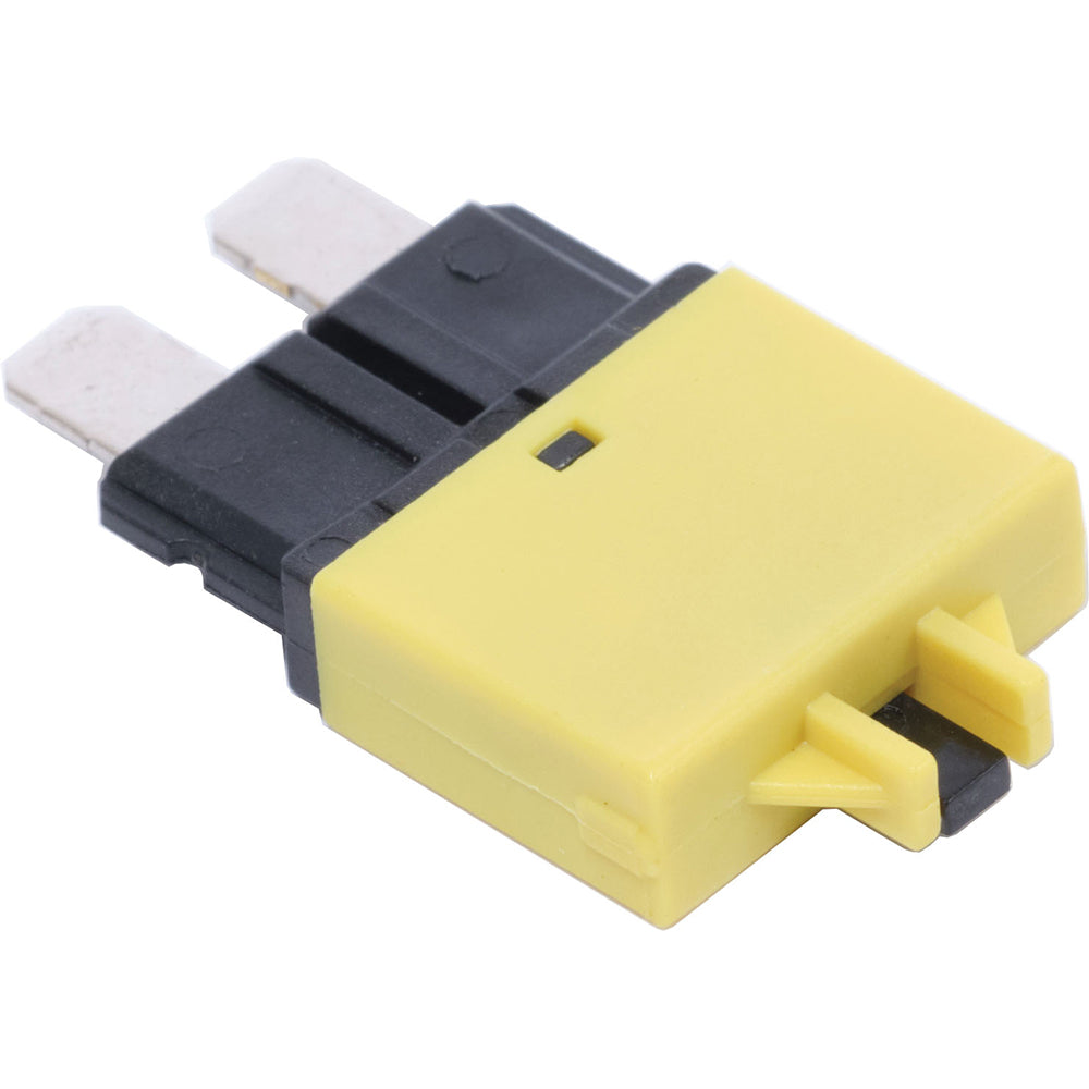 Blue Sea Systems 7066 ATO/ATC-style low profile circuit breakers, 20 Amp, 2-pack, showing front view of the blue circuit breakers.