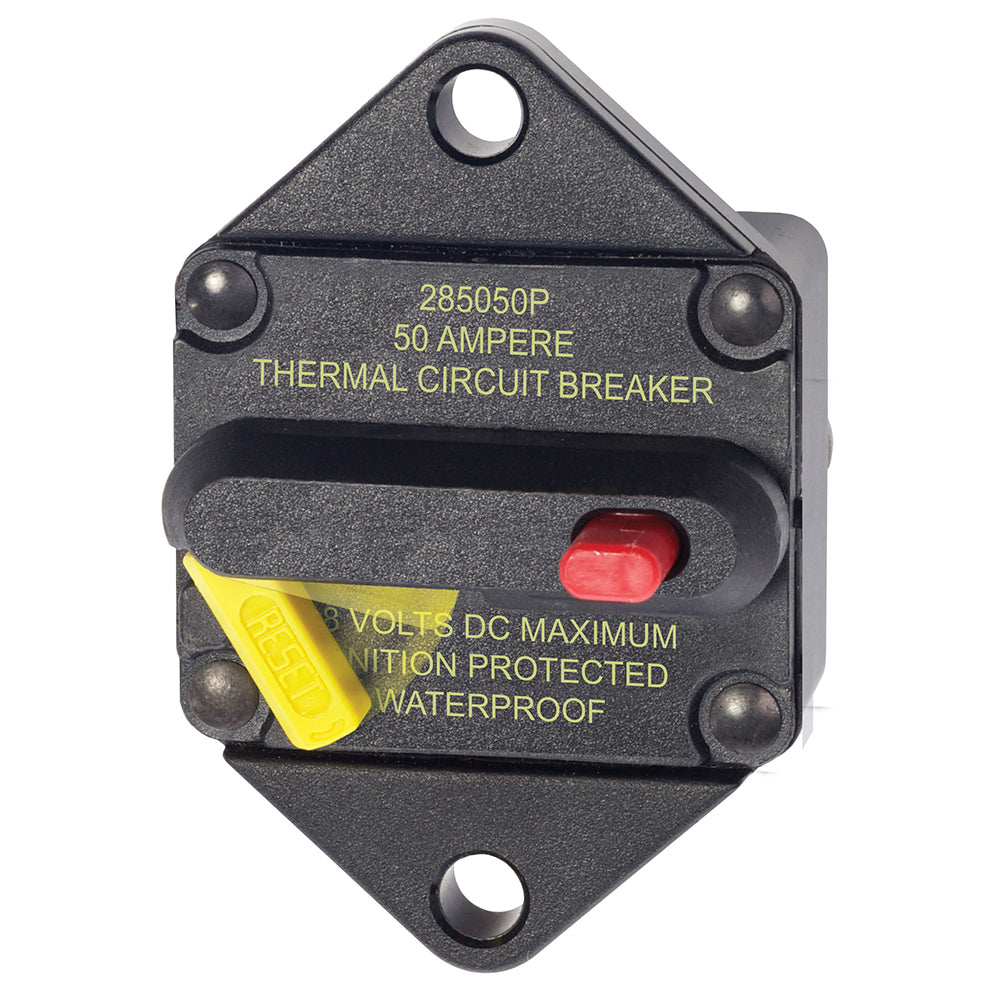 Blue Sea Systems 7083 50 Amp panel mount circuit breaker from the 285 series, with blue casing and mounting terminals visible.