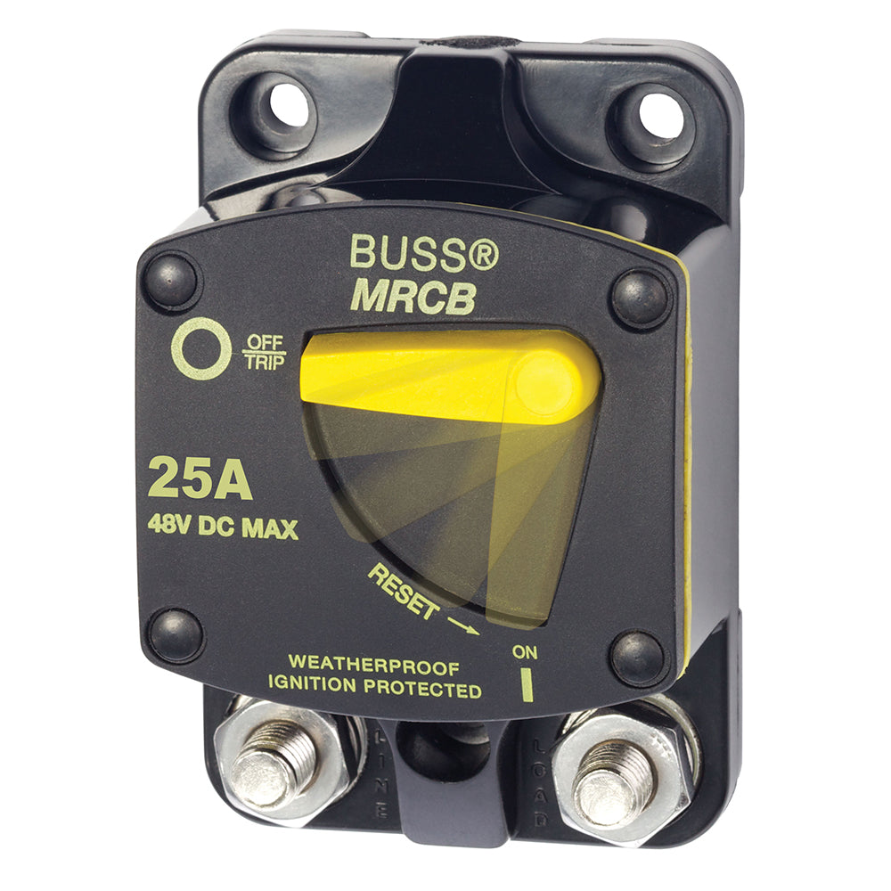 Blue Sea Systems 7135 187 Series 25Amp thermal circuit breaker with blue casing and control switch.