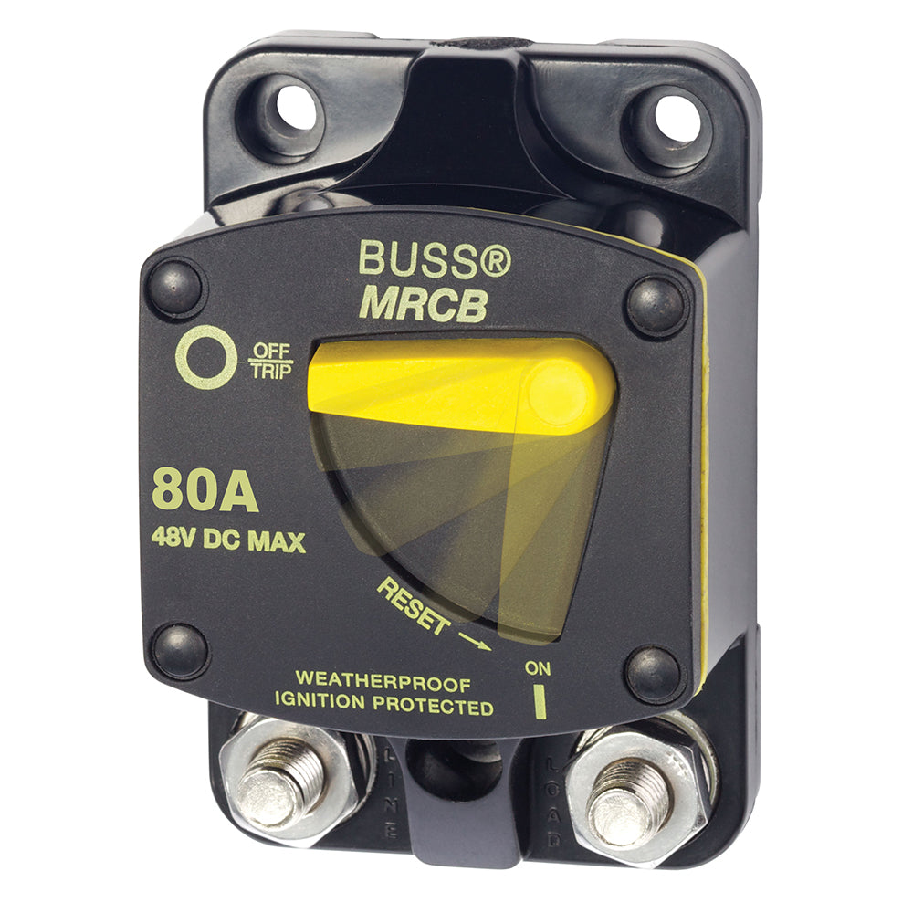 Blue Sea 7142 187 Series thermal circuit breaker, 80Amp, blue and black switch, mounted on a panel.