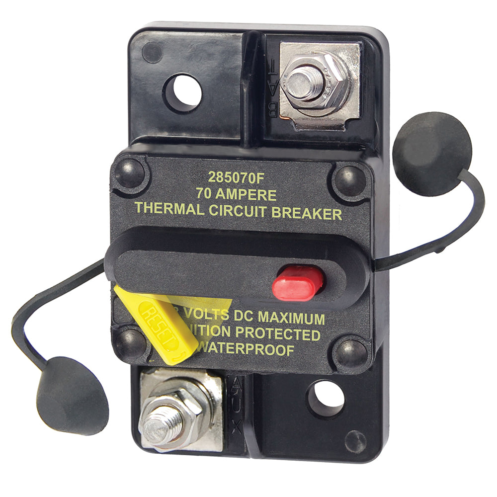 Blue Sea Systems 70 Amp Circuit Breaker from the 285 Series, surface mount, with blue and black housing and wiring terminals