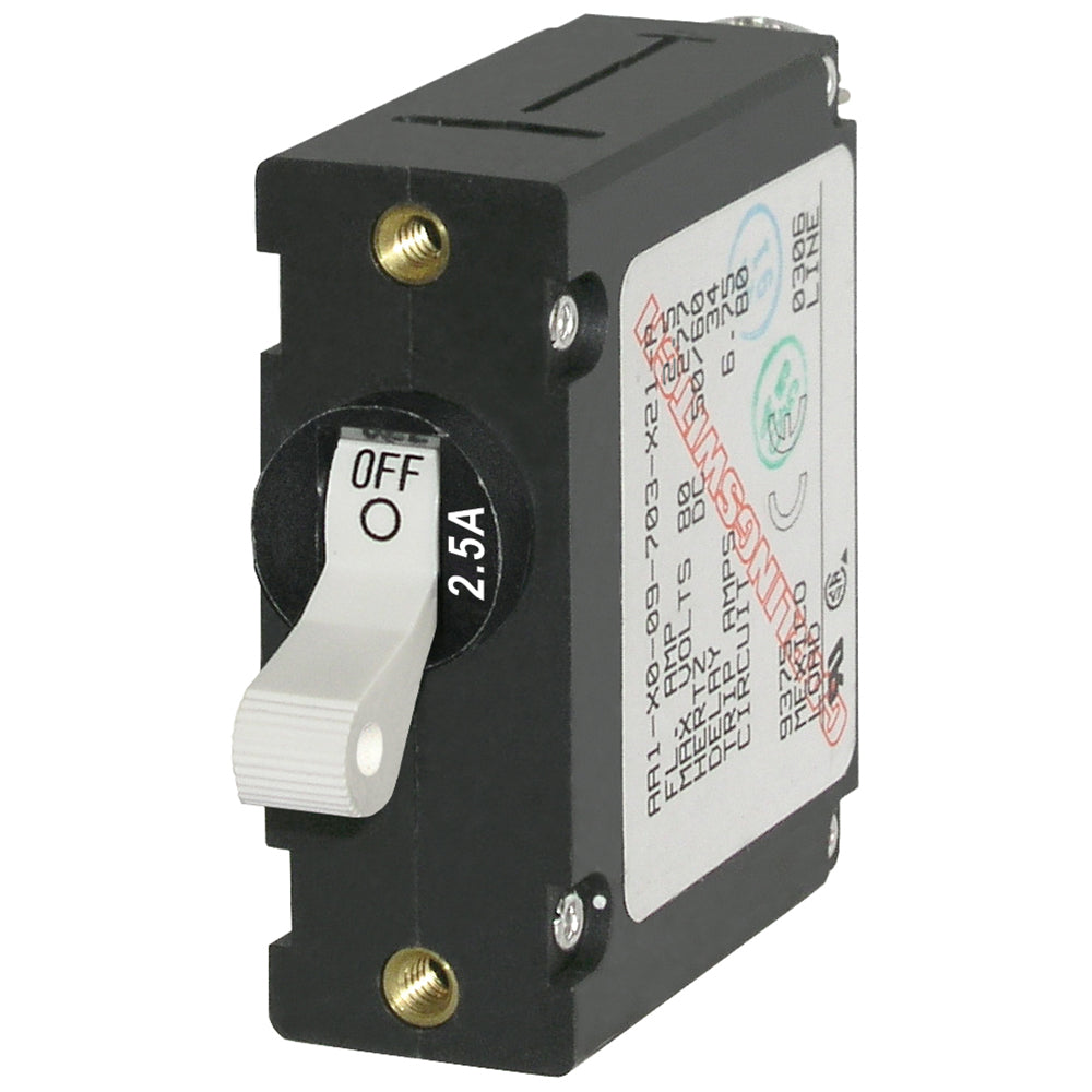 Blue Sea Systems 7197 A-Series white toggle circuit breaker, single pole, 2.5A, with visible toggle switch and wiring terminals.