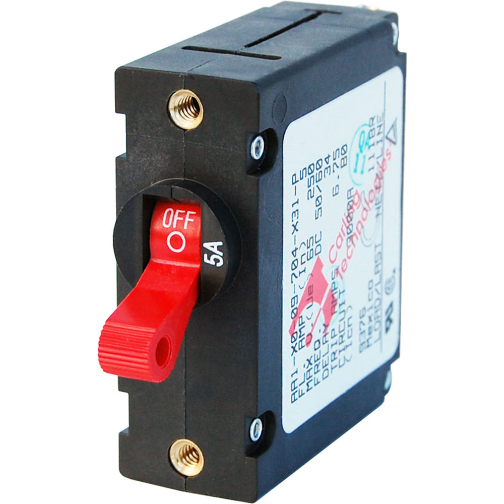 Blue Sea Systems Blue Sea 7201 AC/DC single pole magnetic circuit breaker with 5-amp capacity, shown in close-up.