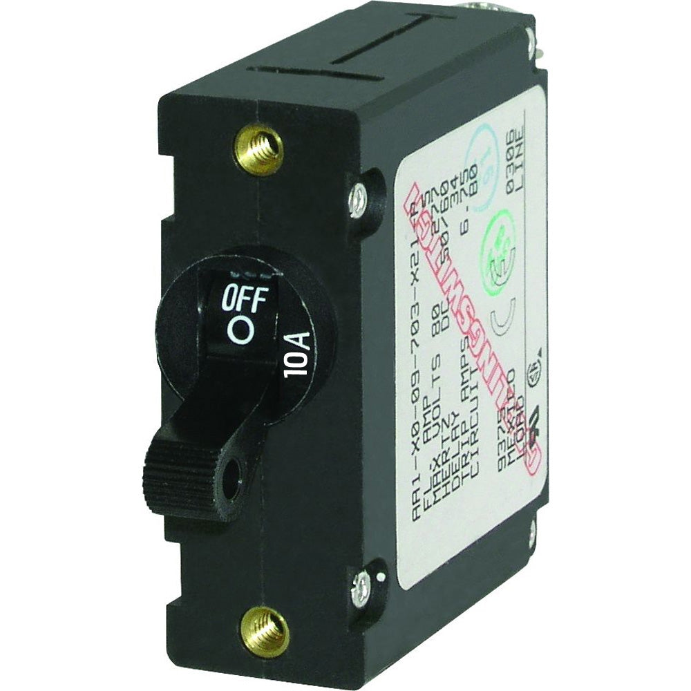 Blue Sea Systems 7204 AC/DC single pole magnetic circuit breaker, 10 Amp, with blue casing and electrical connection terminals