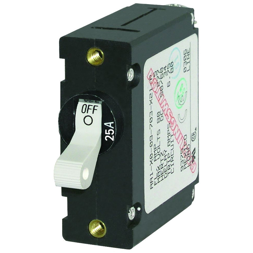 Blue Sea Systems 7218 AC/DC single pole magnetic circuit breaker, 25AMP, with blue housing and circuit breaker switch visible.