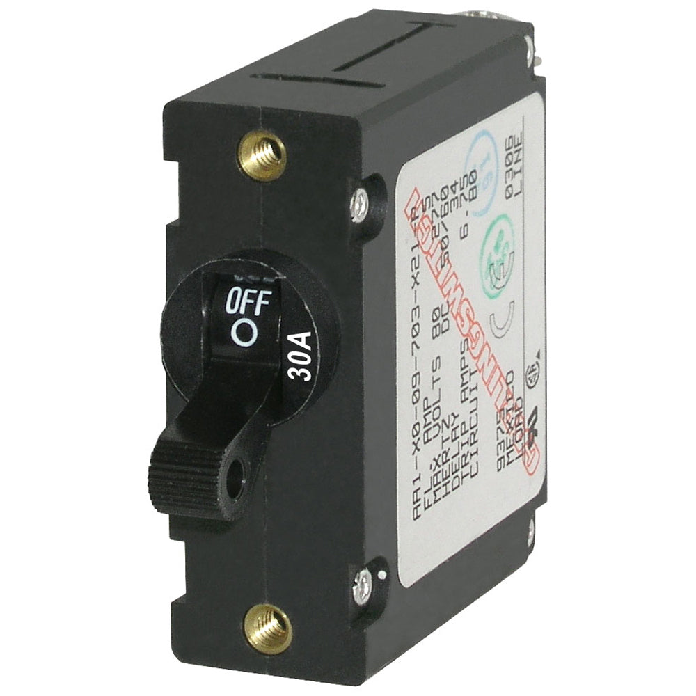 Blue Sea 7220 AC/DC single pole magnetic world circuit breaker, 30 Amp, for electrical protection and circuit control.