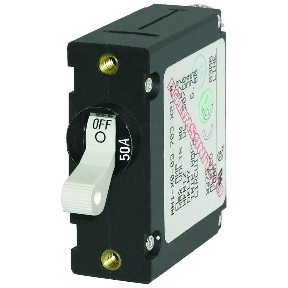 Blue Sea Systems 7230 AC/DC single pole magnetic circuit breaker, 50Amp, with blue casing and control switch for electrical protection.