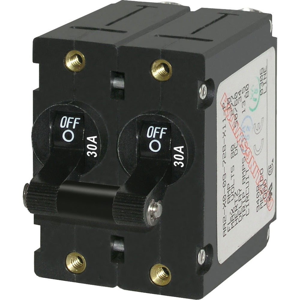 Blue Sea Systems 7237 A-Series double pole toggle switch in black, rated 30A for circuit breaker applications.