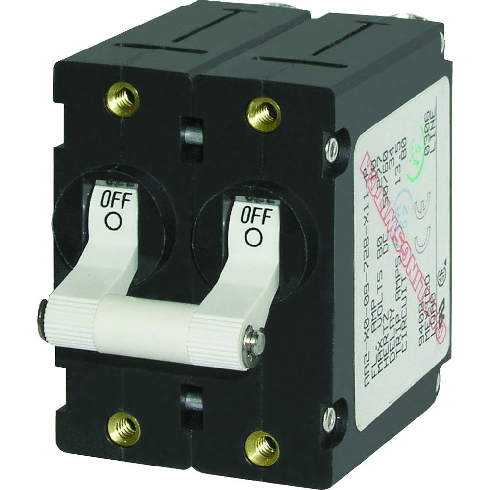 Blue Sea Systems 7242 A-Series double pole toggle switch for 50AMP circuits, white color, used in electrical circuit breaker applications.