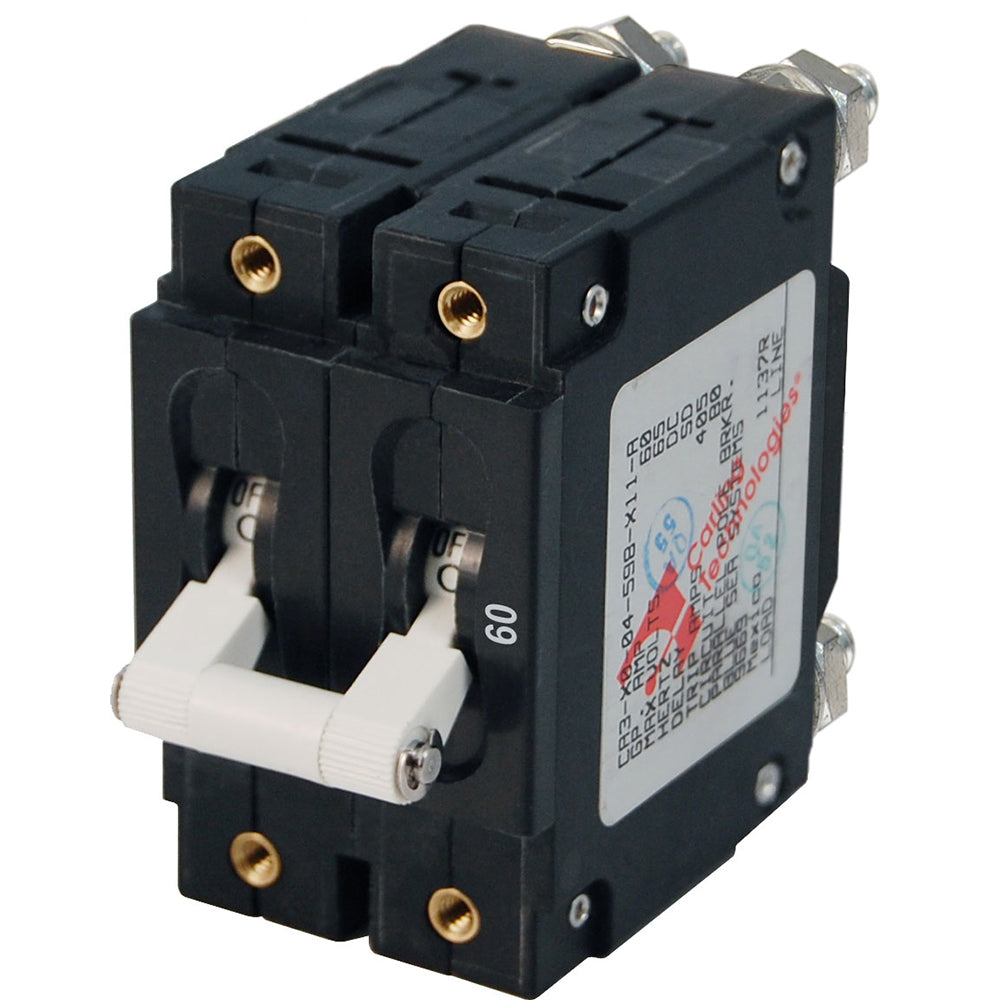 Blue Sea 7254 C-Series double pole circuit breaker in blue with 60A rating, mounted on electrical panel for marine or industrial use.