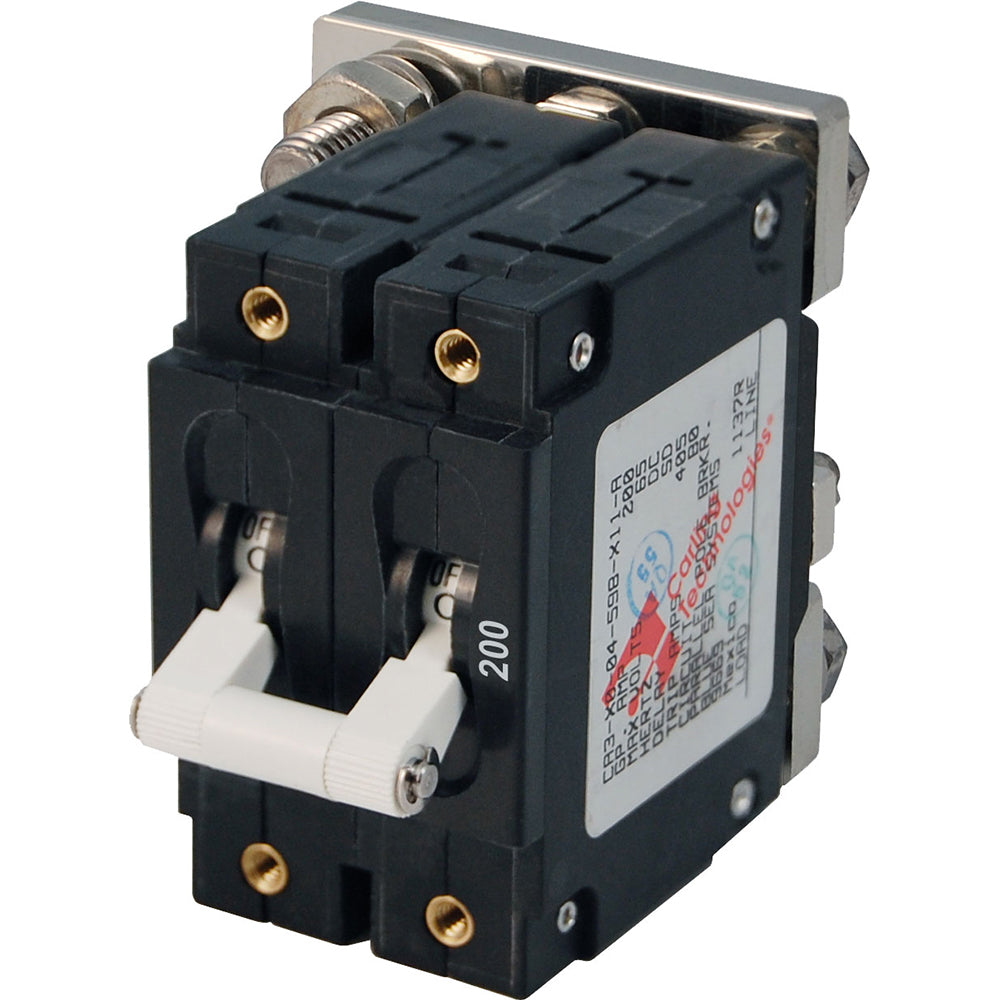 Blue Sea Systems 7269 200A double pole circuit breaker mounted in a panel for electrical protection.