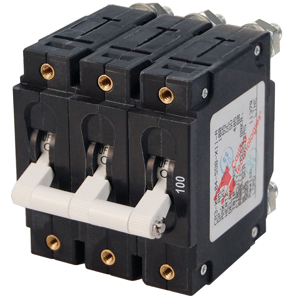 Blue Sea Systems 7290 C-Series triple pole circuit breaker with 100A rating, shown mounted on panel with wiring connections