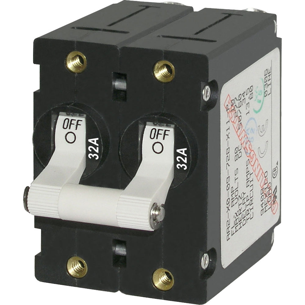 Blue Sea Systems Blue Sea 7295 A-Series double pole toggle circuit breaker in white, rated 32A, shown in the image.