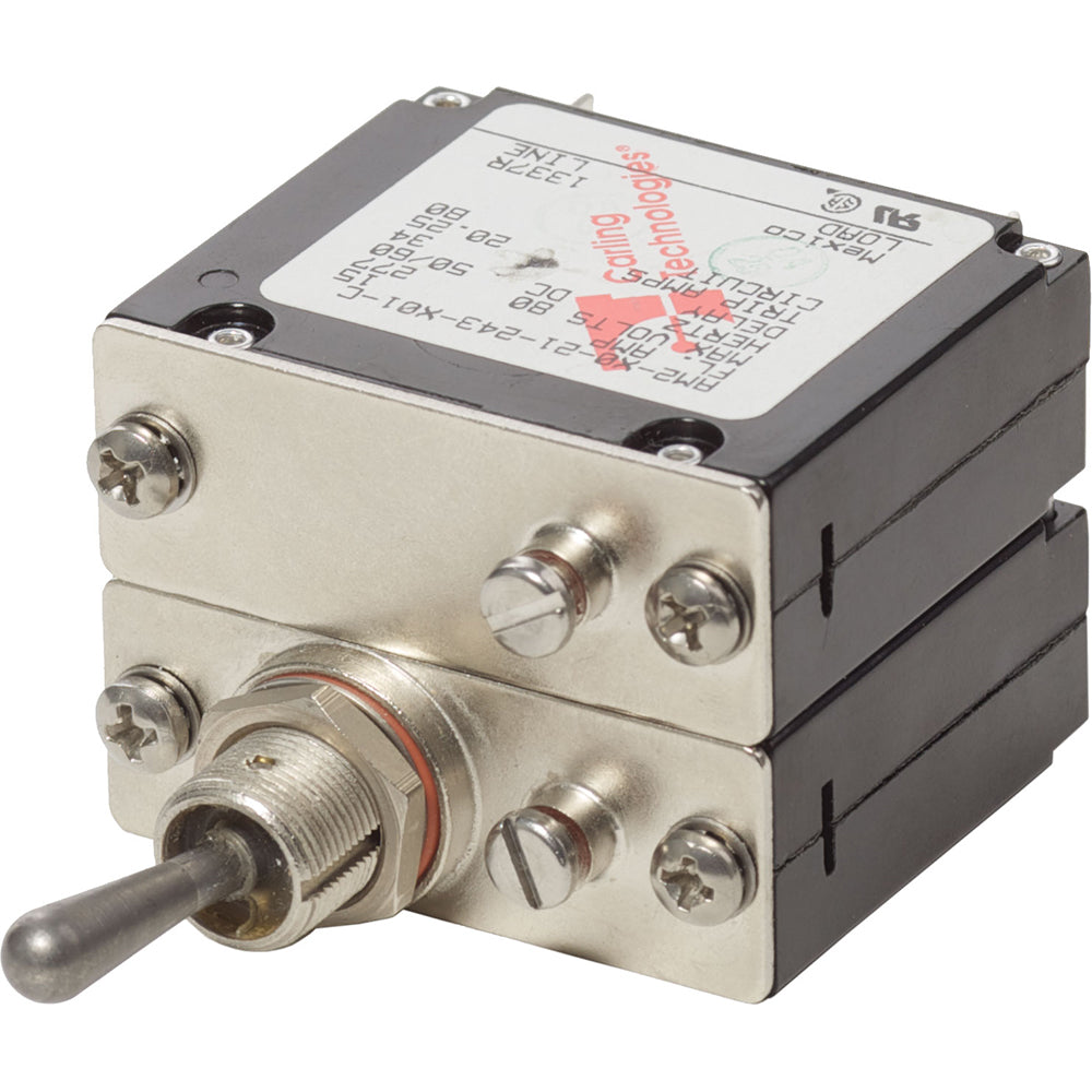 Blue Sea Systems 7312 COTS military-grade A-Series 15 Amp circuit breaker with blue casing and toggle switch.