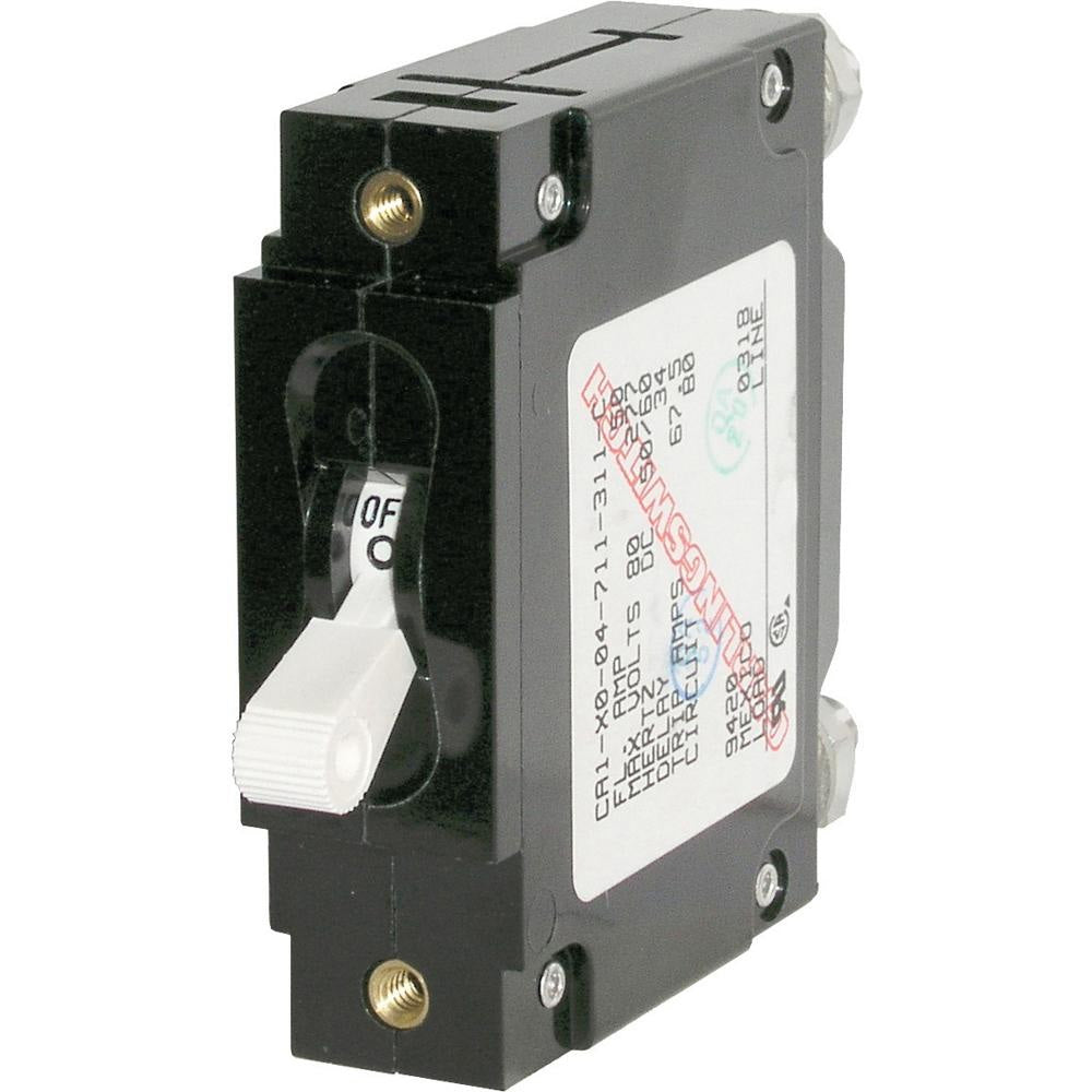 Blue Sea Systems 7353 C-Series toggle single pole circuit breaker, 20A, with blue casing and toggle switch visible in the image.