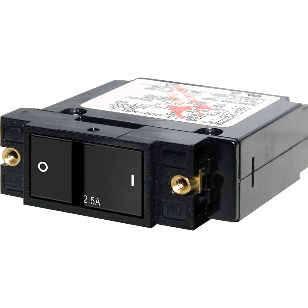 Blue Sea Systems 7399 A-Series single pole flat rocker circuit breaker in blue with 2.5A rating.