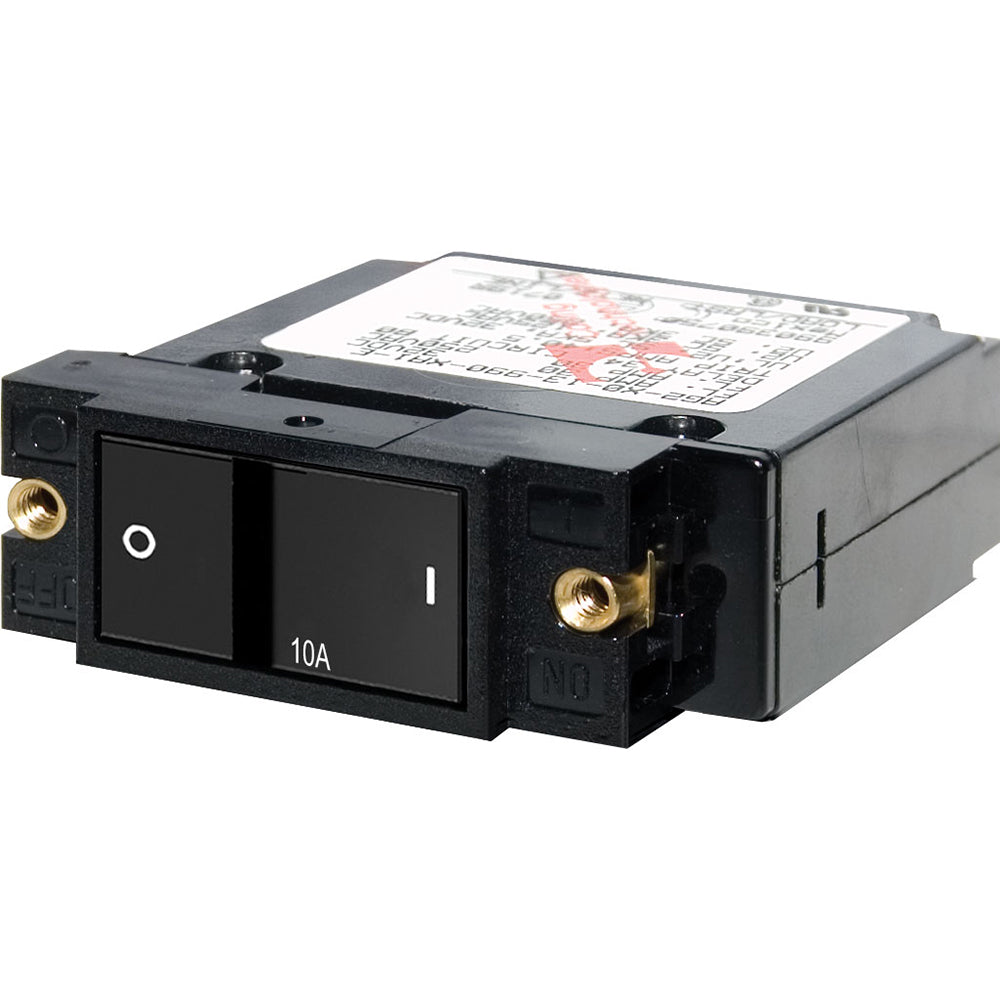 Blue Sea Systems 7402 10 Amp single pole small case 2-inch flat rocker circuit breaker installed in panel.