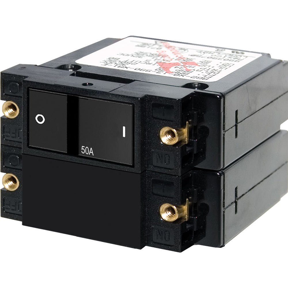 Blue Sea Systems 7417 A-Series double pole 50A flat rocker circuit breaker with blue and black switch and mounting terminals
