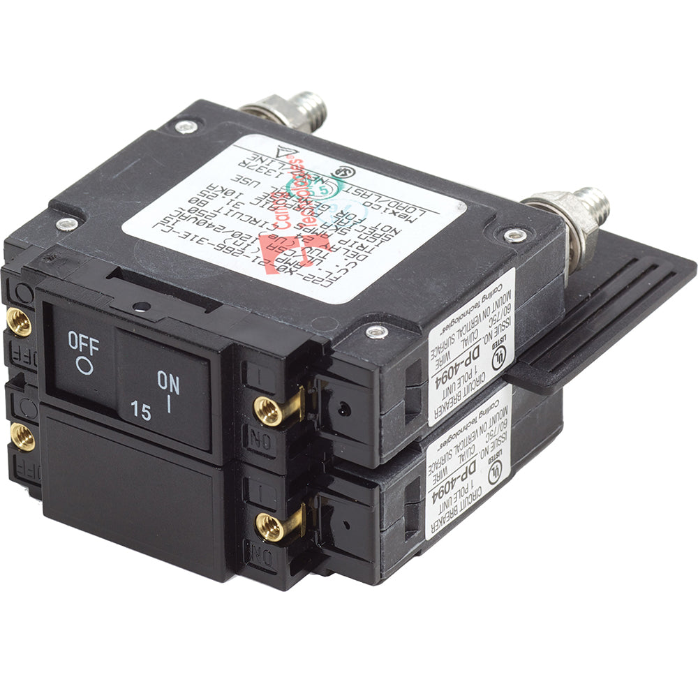 Blue Sea Systems 7462 UL-489 15A flat rocker circuit breaker, shown in blue with toggle switch and mounting frame.