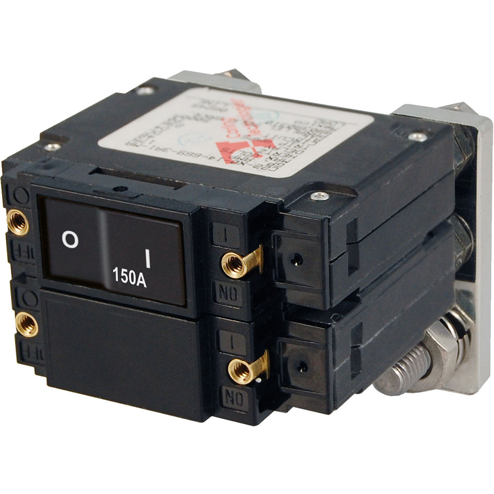 Blue Sea Systems 7475 C-Series flat rocker circuit breakers, single and double pole, 150 Amp, shown with black rocker switches.