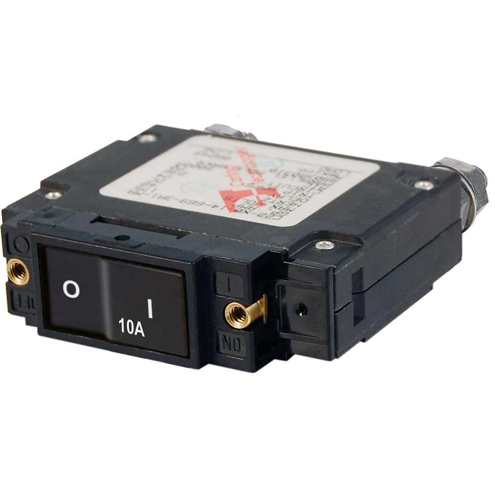Blue Sea 7541 C-Series flat rocker single pole circuit breaker in blue with 10A capacity for electrical protection.