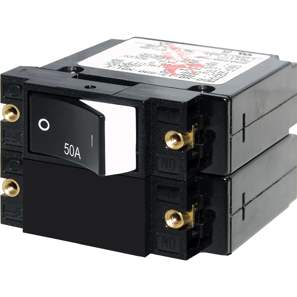 Blue Sea Systems 7577 A-Series double pole rocker circuit breaker in blue, rated 50A, with raised switch design.