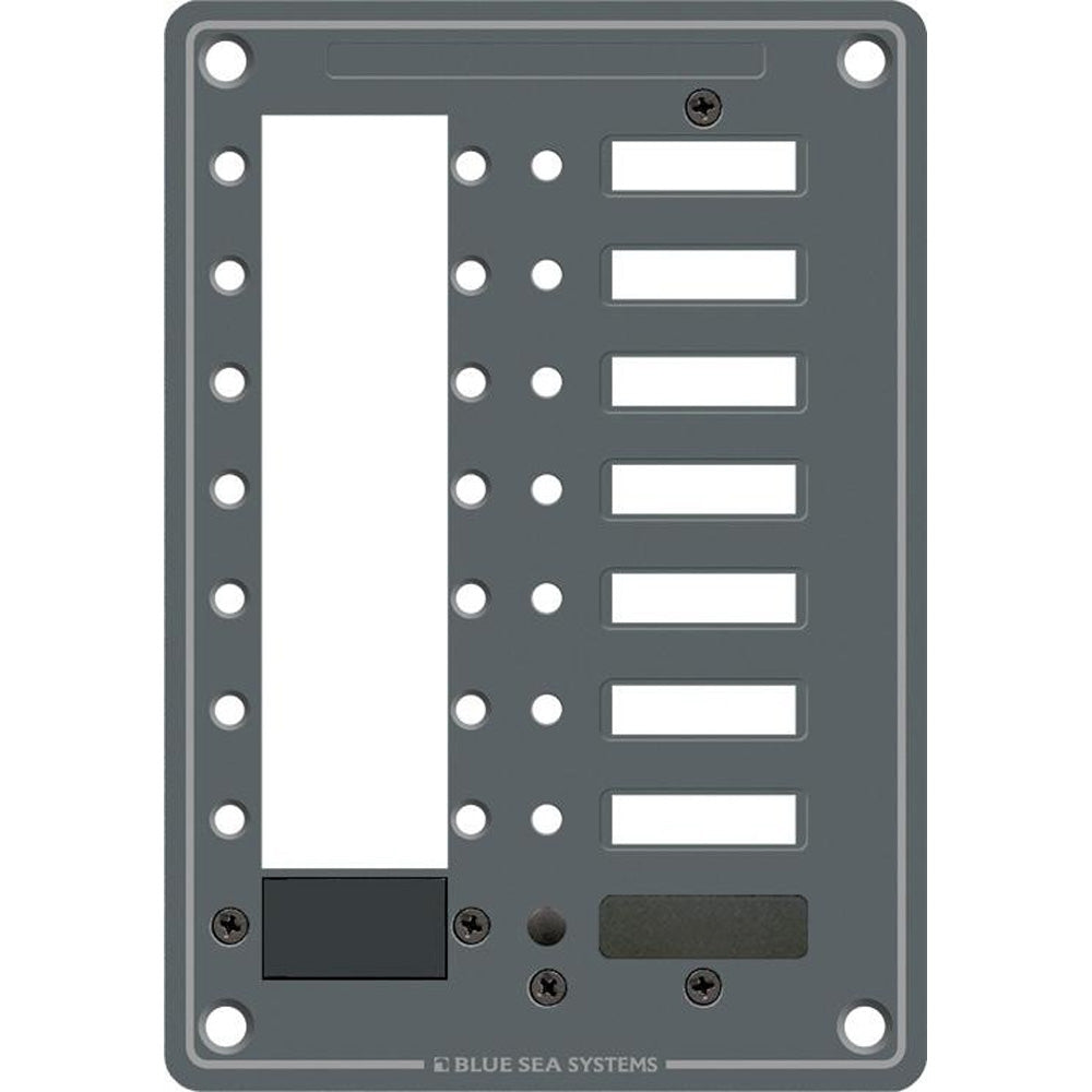 Blue Sea Systems 8087 8-Position DC C-Series Panel with blank circuit breaker slots in a blue metal panel for marine or industrial use.