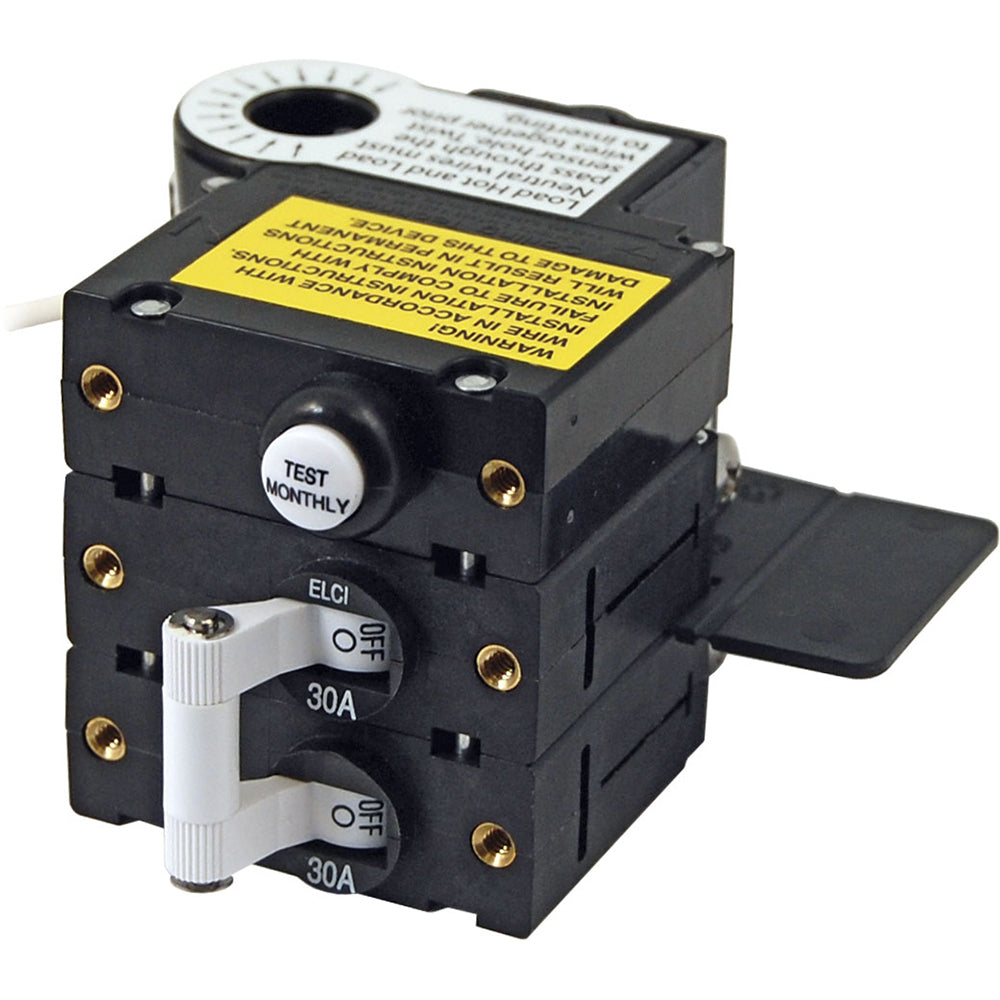 Blue Sea A-Series ELCI main circuit breaker, double pole, 30A, 120V AC, for marine or industrial electrical panels.