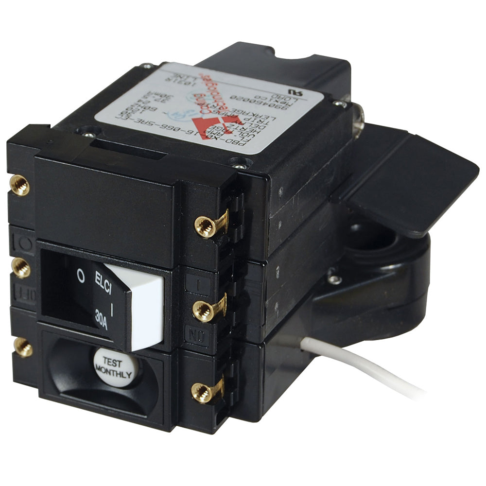 Blue Sea Systems A-Series ELCI main circuit breaker, double pole, 30A, 120V AC, with flat rocker switch for residential or marine use.