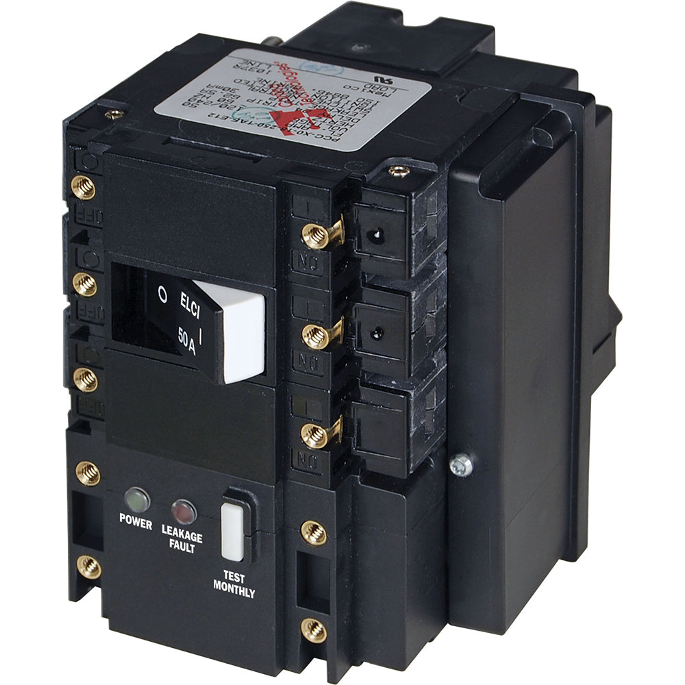 Blue Sea Systems C-Series ELCI main circuit breaker, 50A, 120/240V AC, mounted in a panel, showing its blue casing and switch.