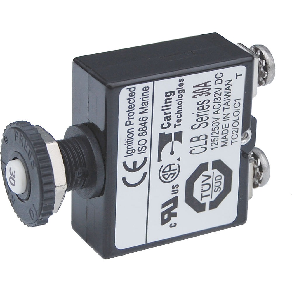 Blue Sea Systems 30 Amp push button reset screw terminal circuit breaker, blue color, compact design, for electrical protection.