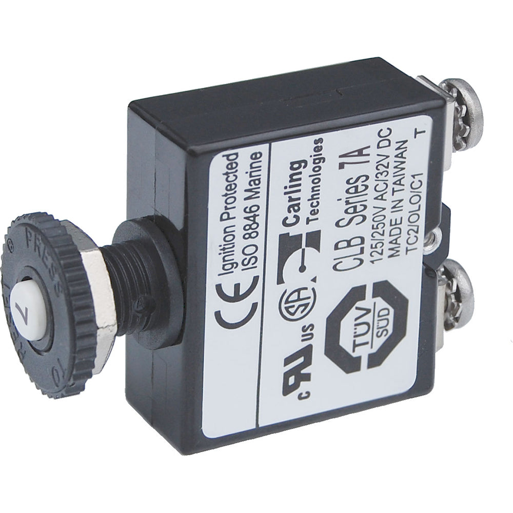 Blue Sea Systems 7 Amp push button reset screw terminal circuit breaker with blue casing and wiring terminals.
