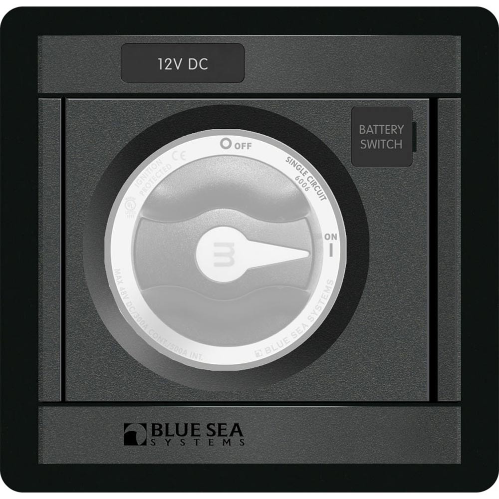 Blue Sea Systems 1139 DC M-Series black square electrical panel for marine or industrial use, with visible control components.