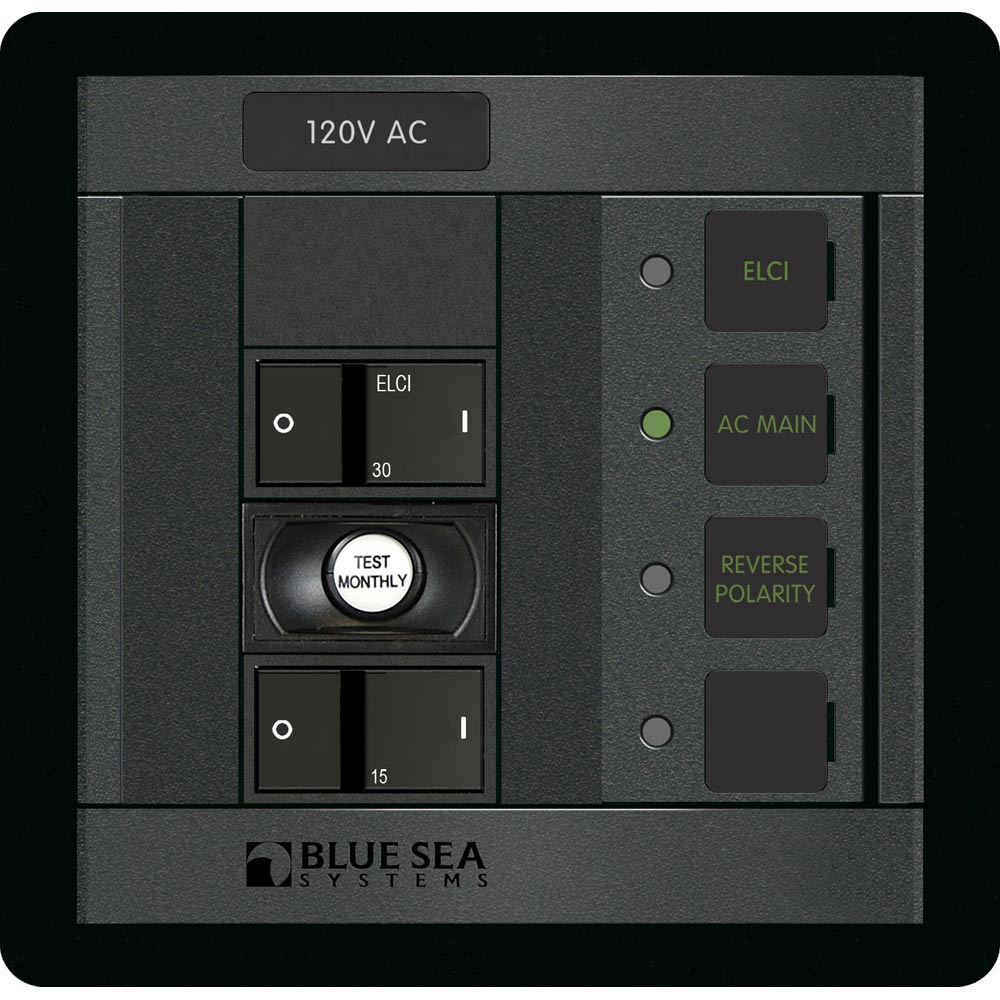 Blue Sea Systems 1190 ELCI Main 30A double pole electrical panel with 1-position switch, shown with wiring and control components.